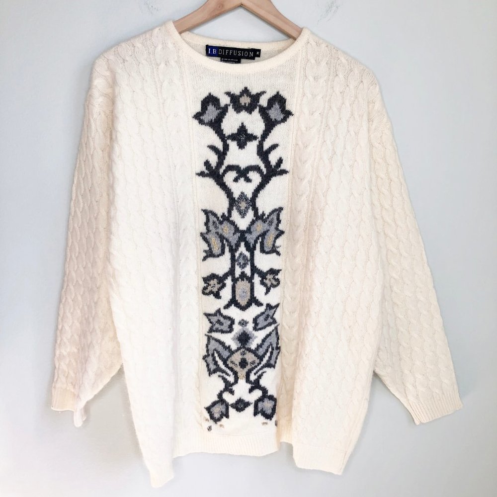 Stunning Vintage Cable Knit Lambs Wool & Angora Blend Nordic Fair Isle Sweater - Picture 1 of 6